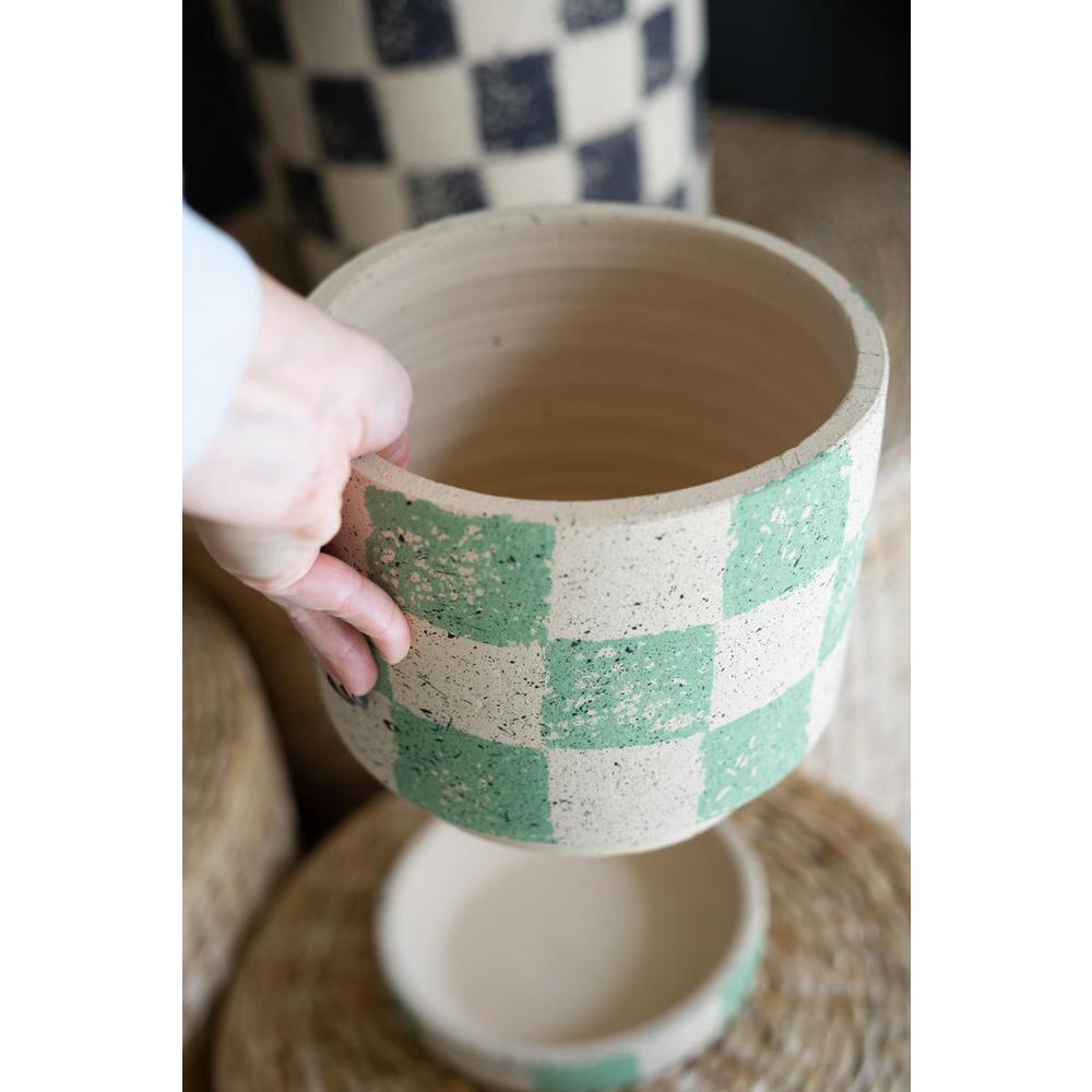 Set Of Three Checkered Clay Planters With Trays