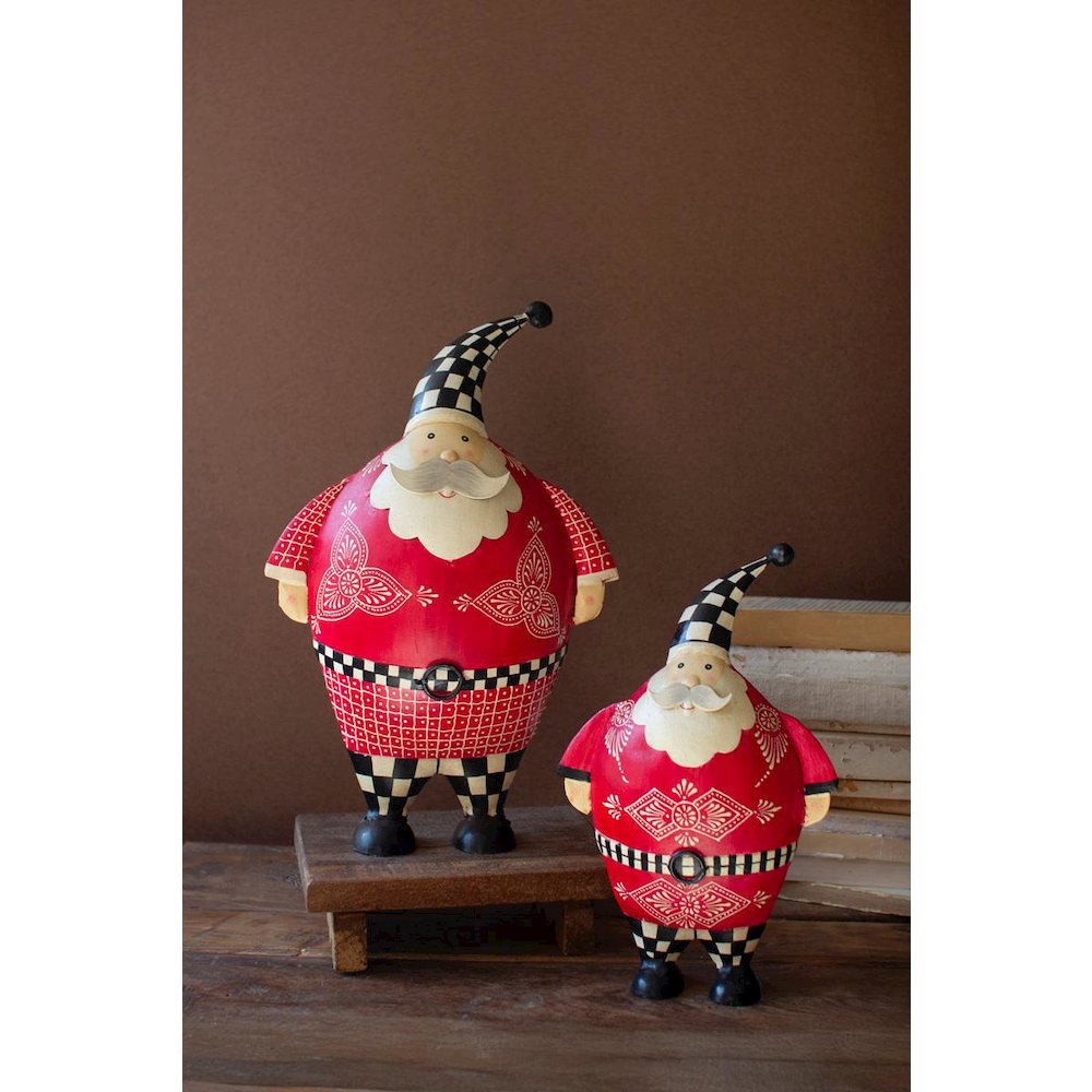 Set Of Two Painted Metal Santas With Checkered Detail