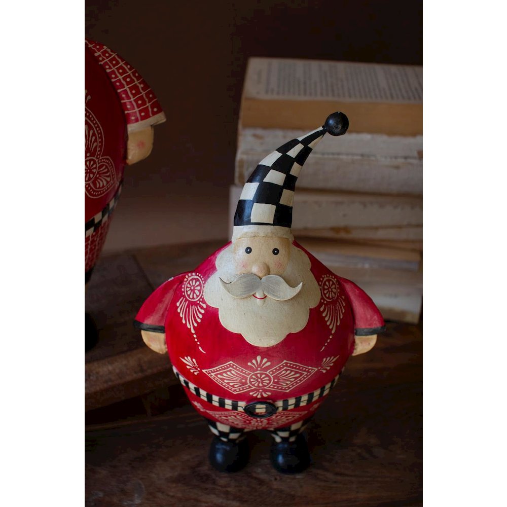 Set Of Two Painted Metal Santas With Checkered Detail