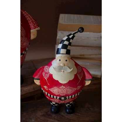 Set Of Two Painted Metal Santas With Checkered Detail