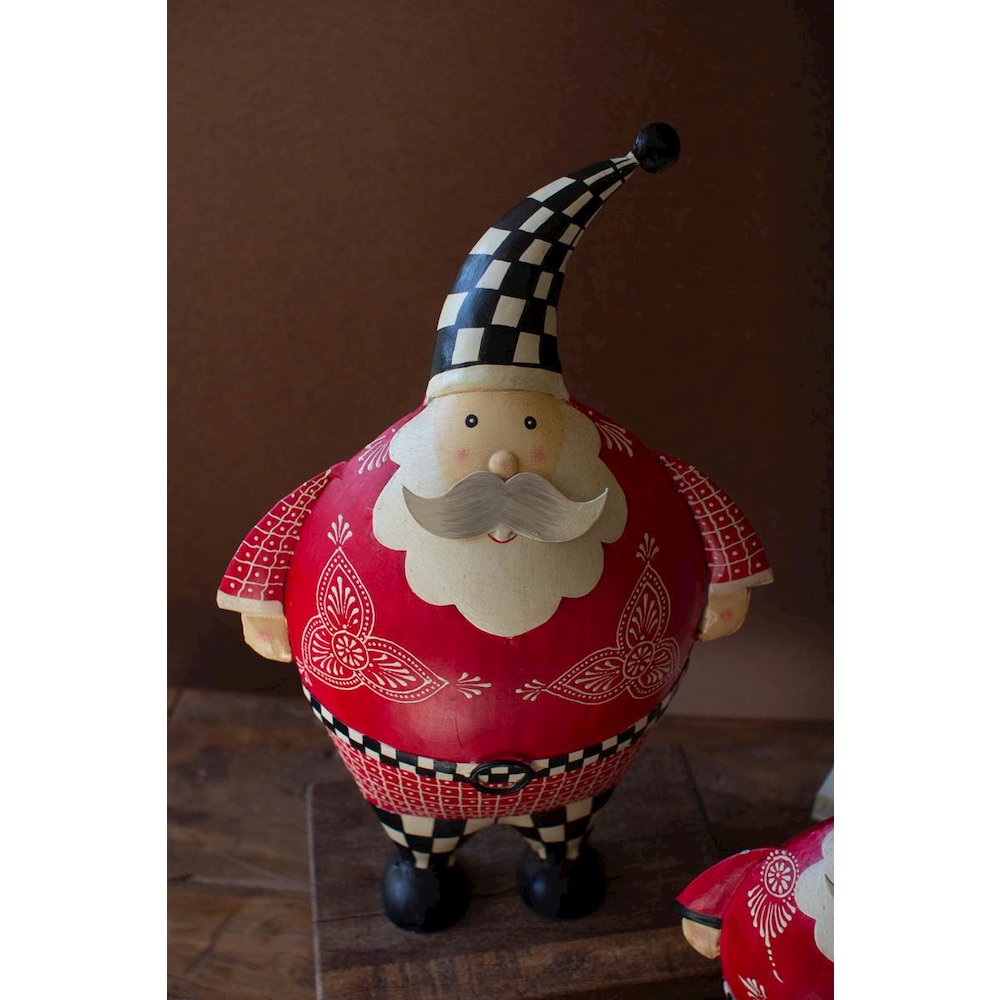 Set Of Two Painted Metal Santas With Checkered Detail