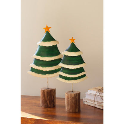 Set Of Two Painted Green And White Metal Christmas Trees On Wooden Bases