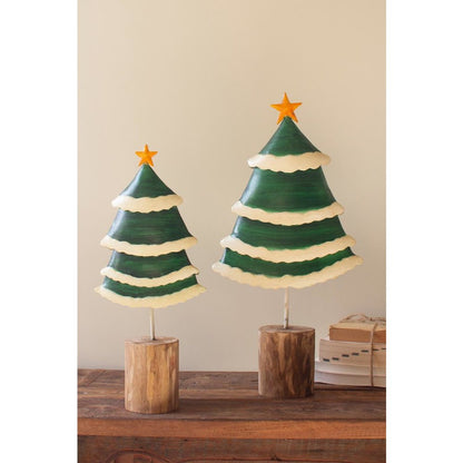 Set Of Two Painted Green And White Metal Christmas Trees On Wooden Bases