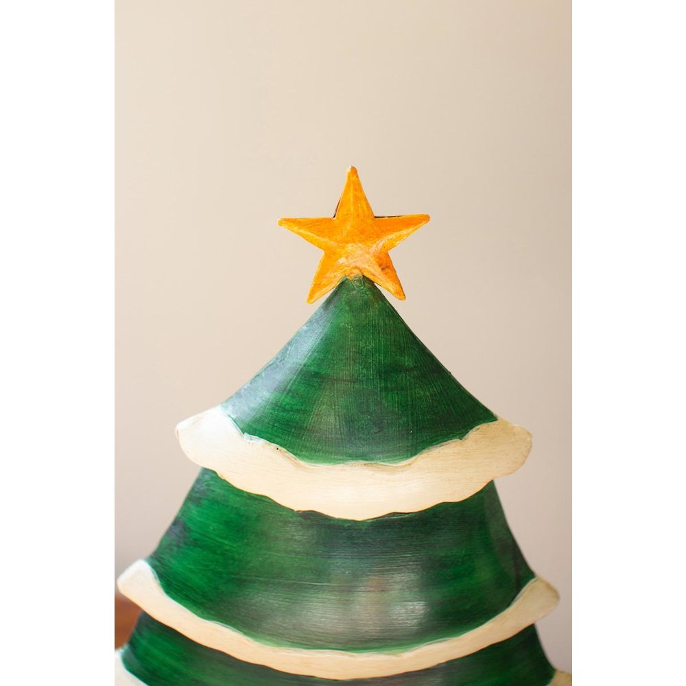 Set Of Two Painted Green And White Metal Christmas Trees On Wooden Bases