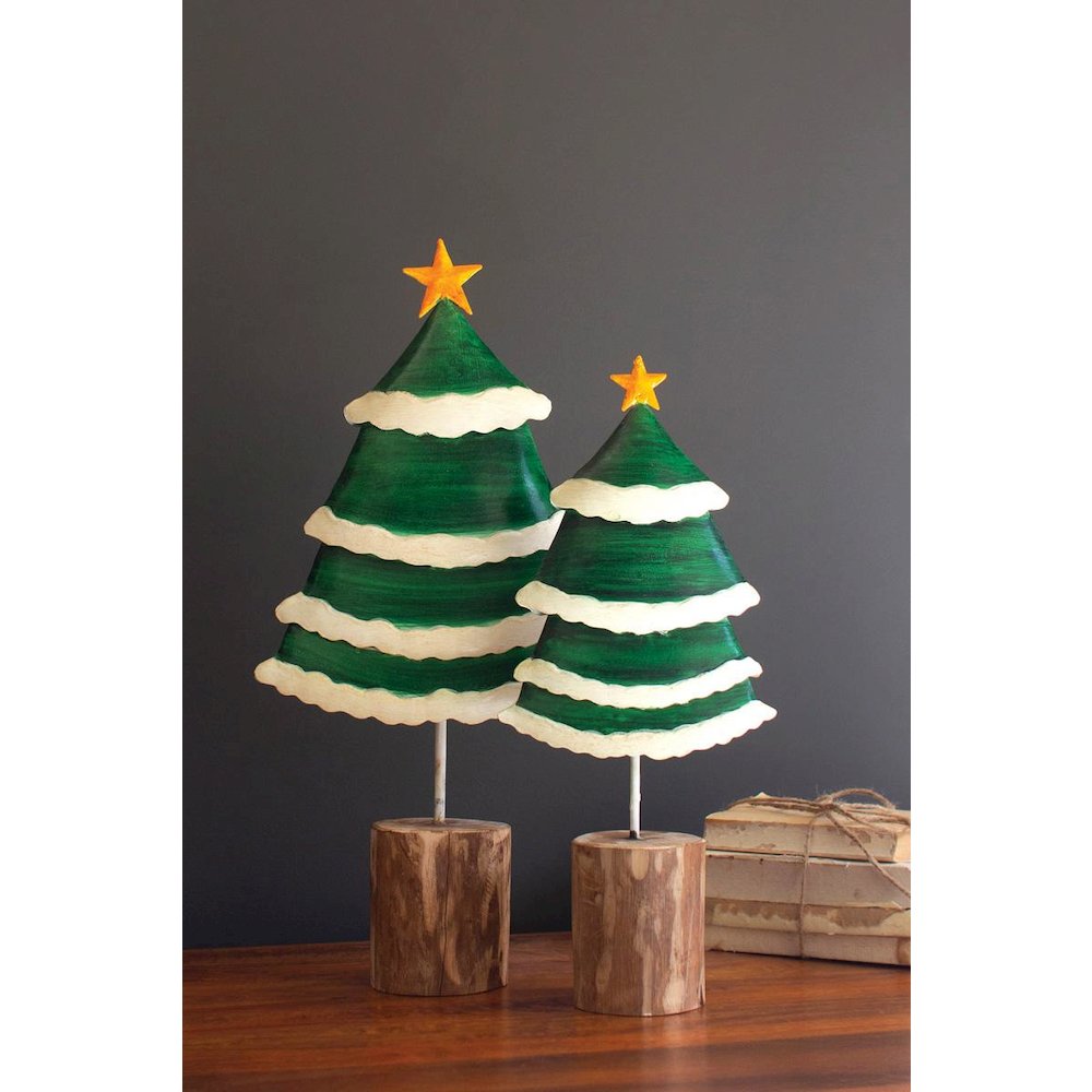 Set Of Two Painted Green And White Metal Christmas Trees On Wooden Bases