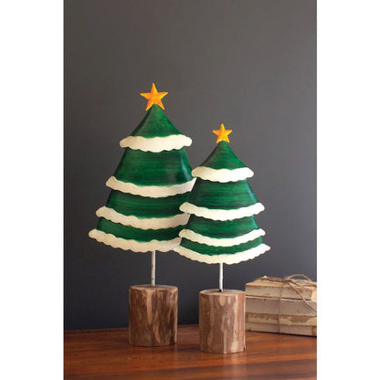 Set Of Two Painted Green And White Metal Christmas Trees On Wooden Bases