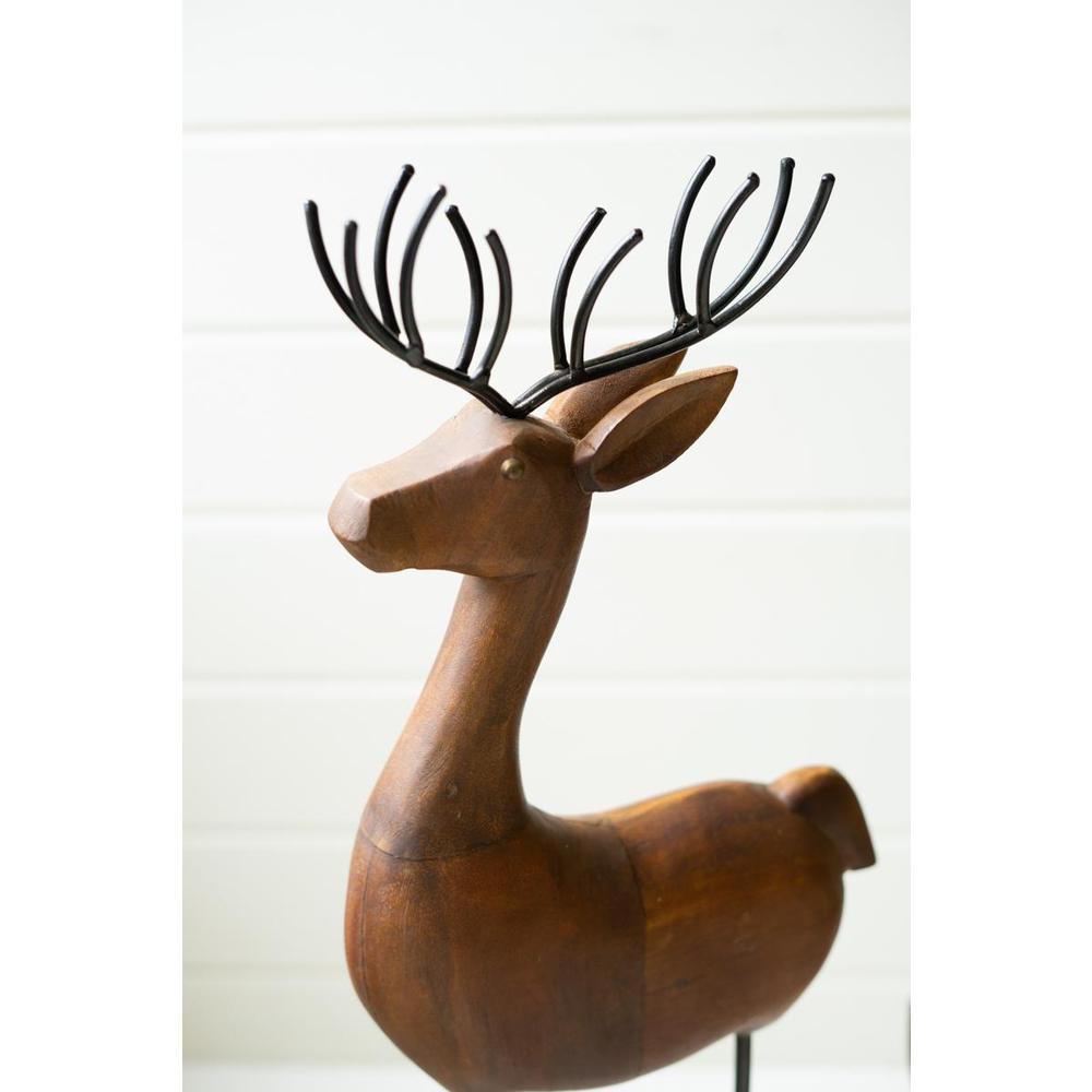 Set Of Three Carved Wood And Iron Reindeer On Bases