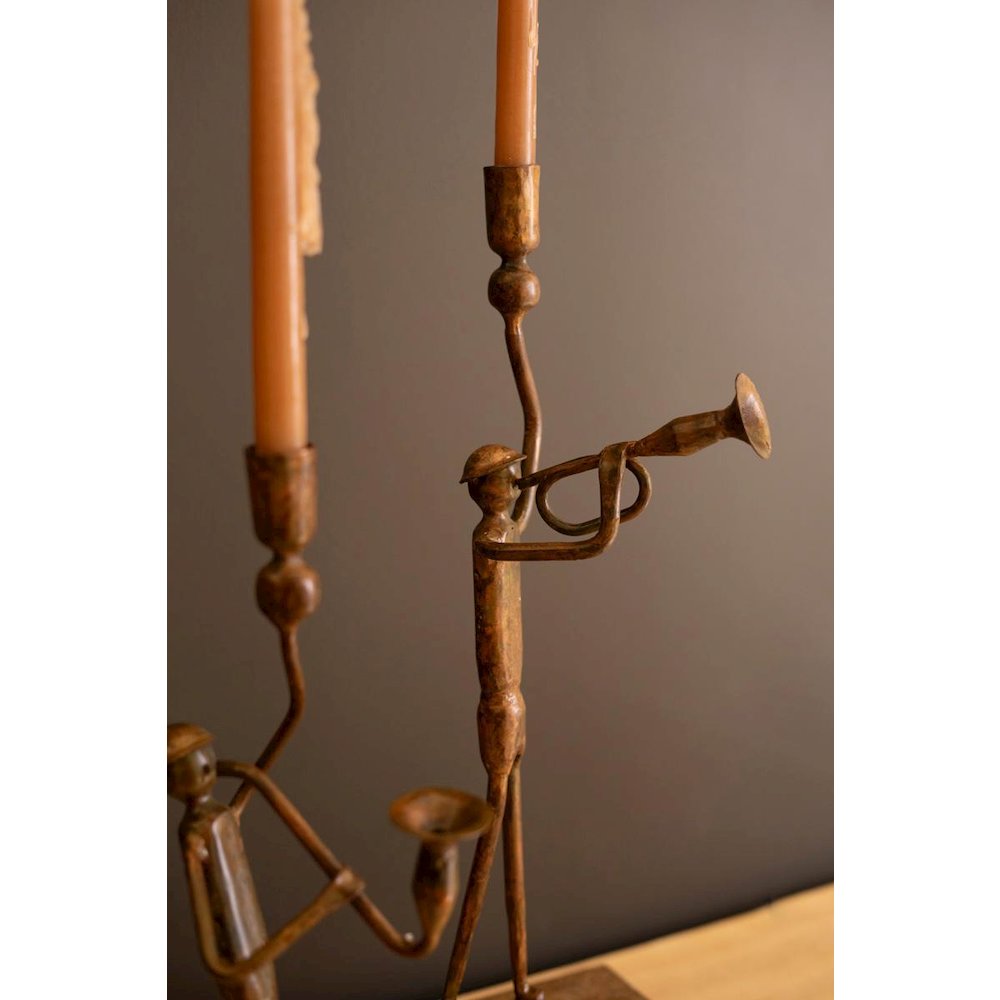 Set Of Two Forged Iron Trumpet And Saxaphone Taper Candle Holders