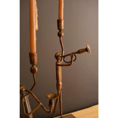 Set Of Two Forged Iron Trumpet And Saxaphone Taper Candle Holders