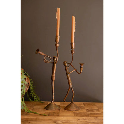Set Of Two Forged Iron Trumpet And Saxaphone Taper Candle Holders