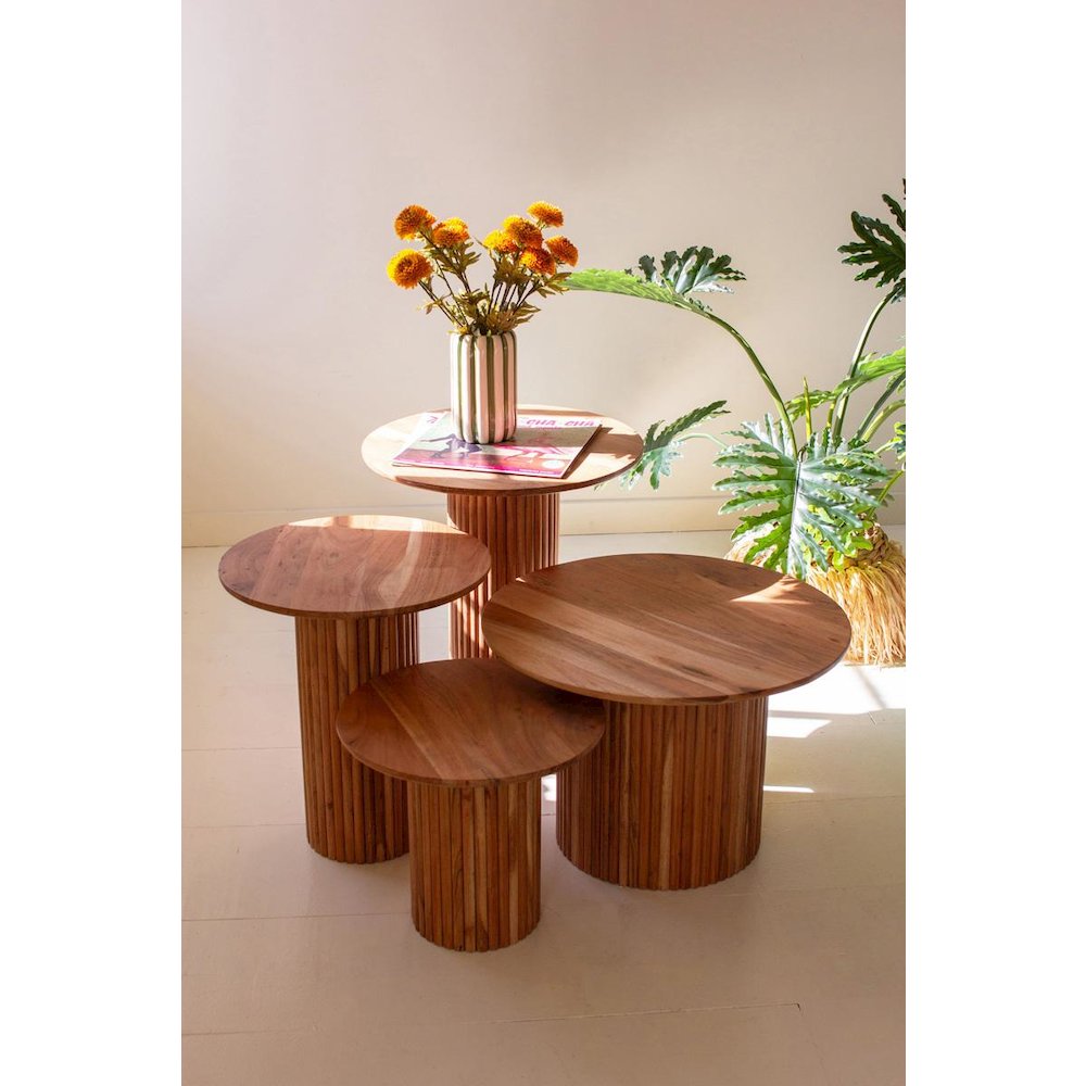 Set Of Four Acacia Wood Accent Tables With Tambour Bases