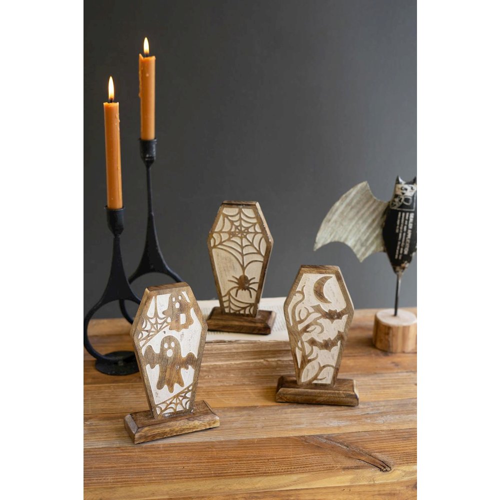 Set Of Three Carved Wooden Halloween Coffin Scenes
