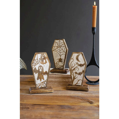Set Of Three Carved Wooden Halloween Coffin Scenes