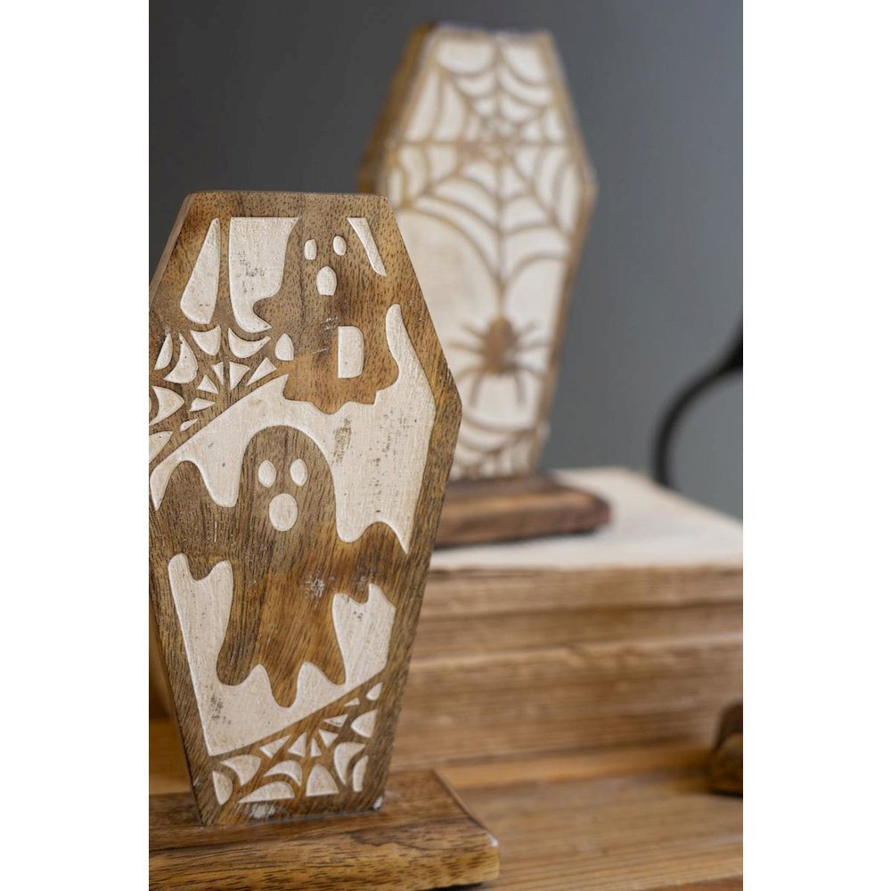 Set Of Three Carved Wooden Halloween Coffin Scenes