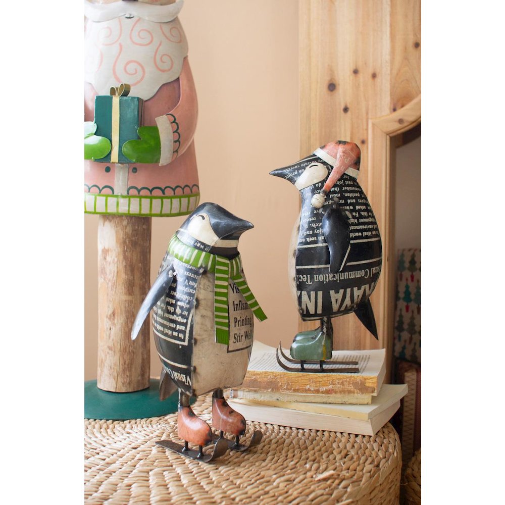 Set Of Two Recycled Metal Skating Christmas Penquins