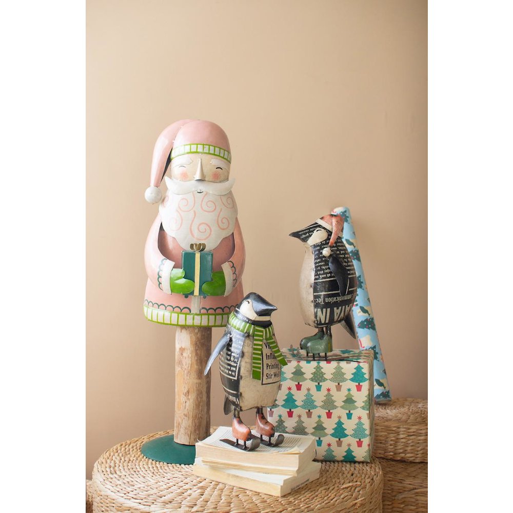 Set Of Two Recycled Metal Skating Christmas Penquins