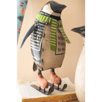 Set Of Two Recycled Metal Skating Christmas Penquins