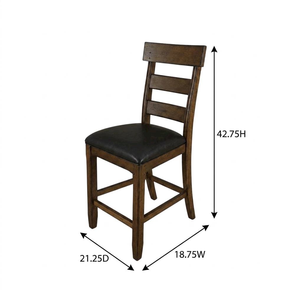 Distressed Mango Counter Stool with Upholstered Faux Leather Seat, Warm Pecan