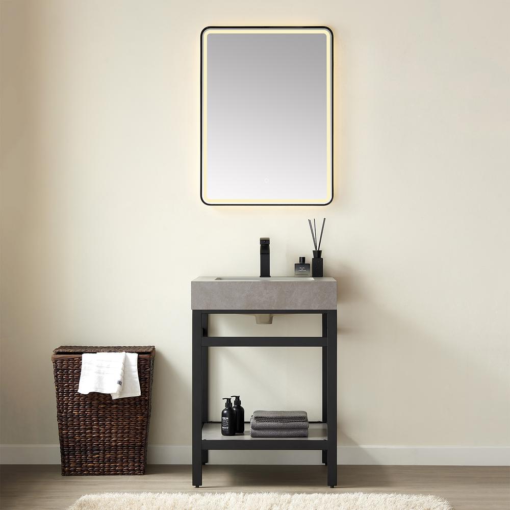 Single Sink Bath Vanity Metal Support with Grey Sintered Stone Top and Mirror
