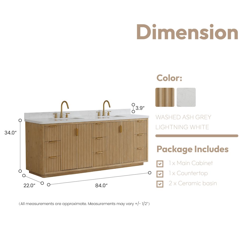 Cádiz 84in. Free-standing Double Bathroom Vanity in Washed Ash Grey