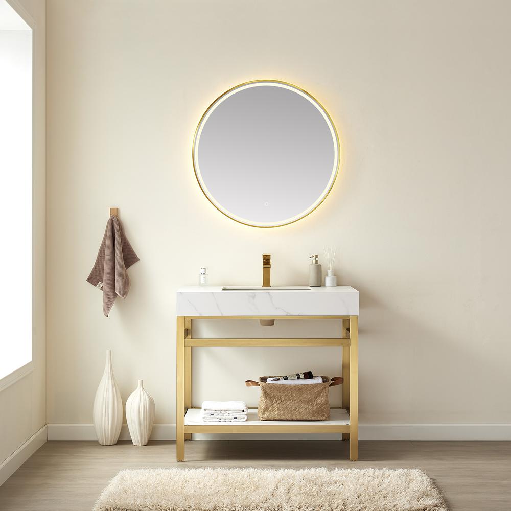 Single Sink Bath Vanity Metal Support with White Sintered Stone Top and Mirror
