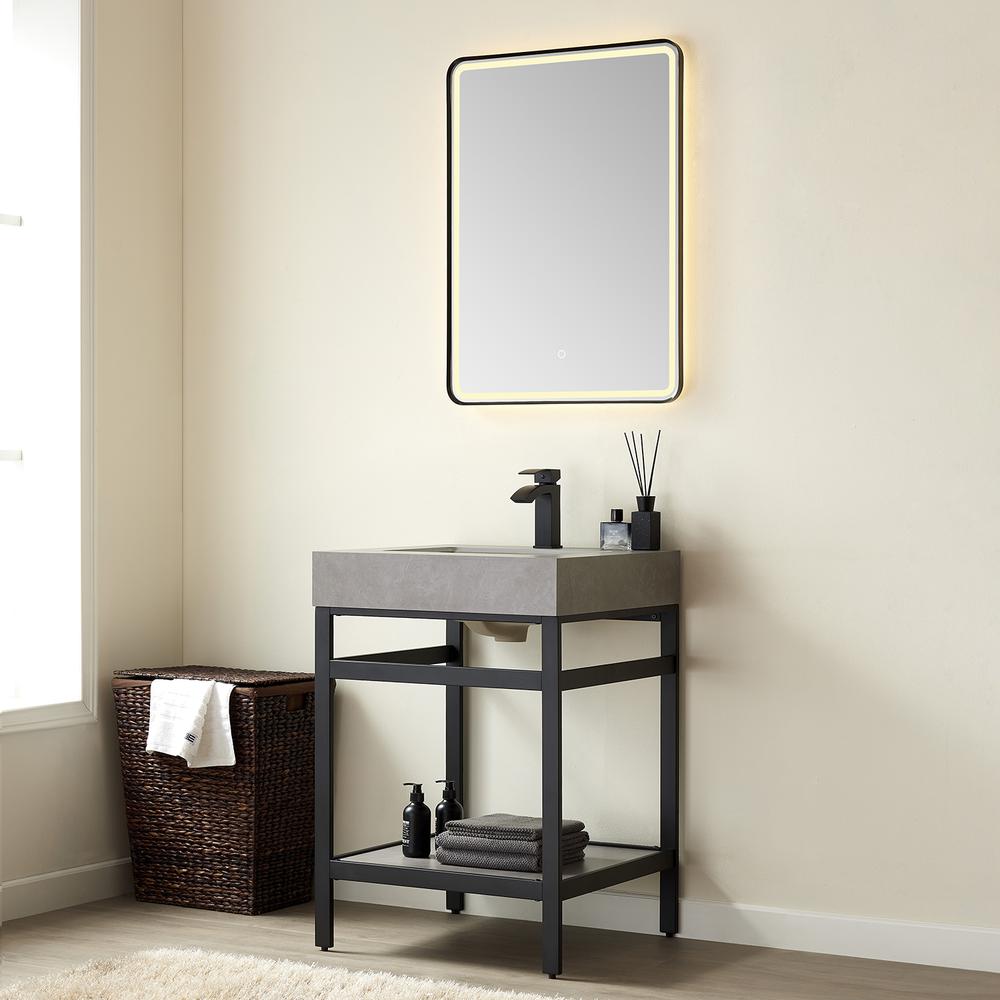 Single Sink Bath Vanity Metal Support with Grey Sintered Stone Top and Mirror