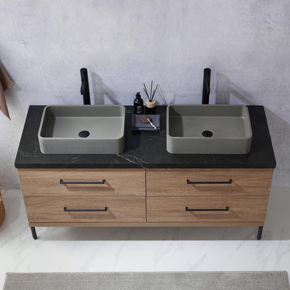 Double Sink Bath Vanity with Black Sintered Stone Top with Concrete Sink