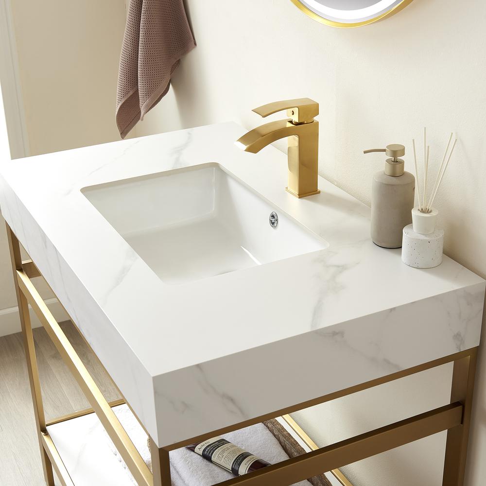 Single Sink Bath Vanity Metal Support with White Sintered Stone Top and Mirror