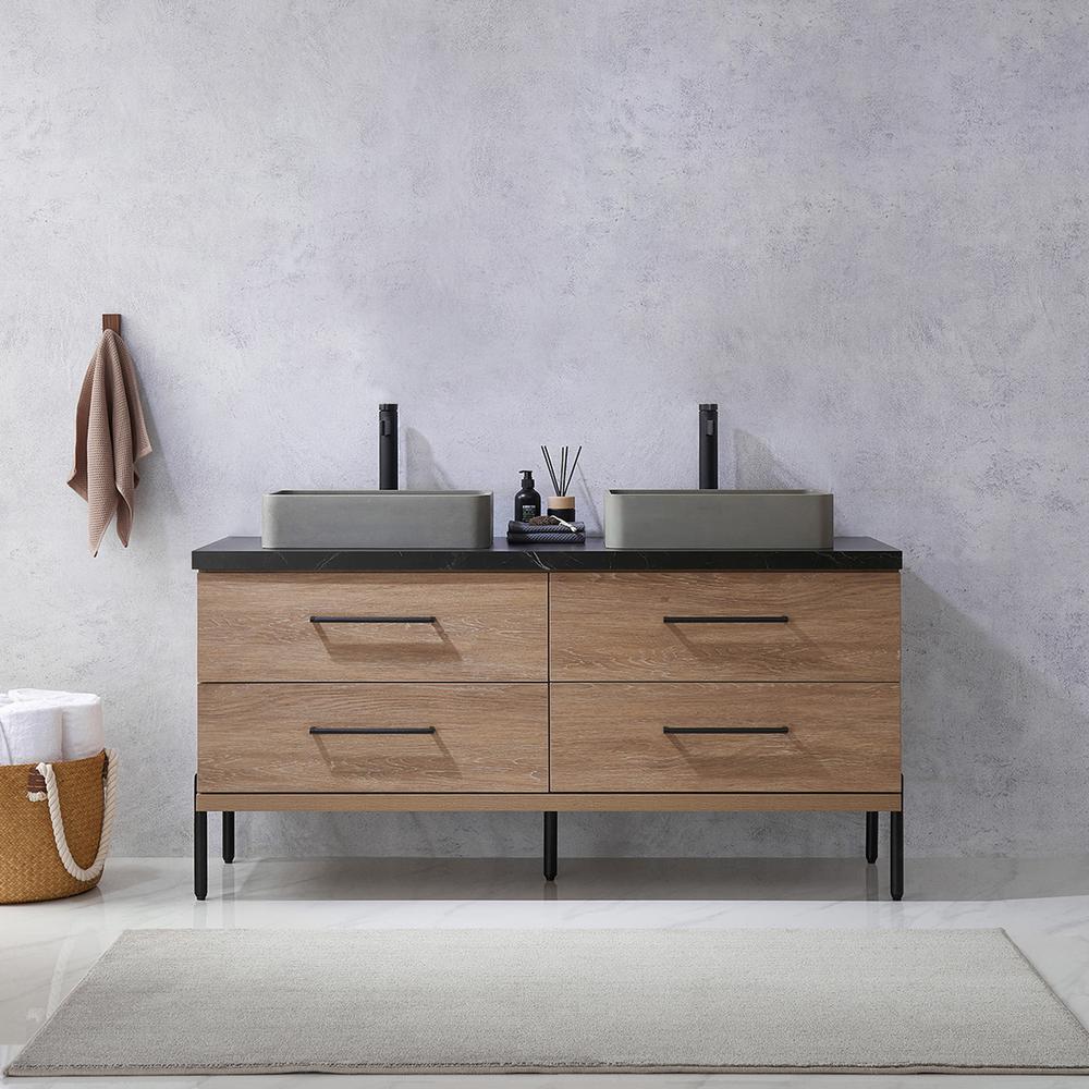 Double Sink Bath Vanity with Black Sintered Stone Top with Concrete Sink