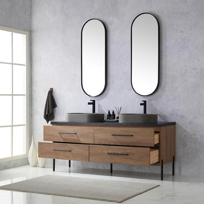 Double Sink Bath Vanity with Sintered Stone Top with Concrete Sink and Mirror