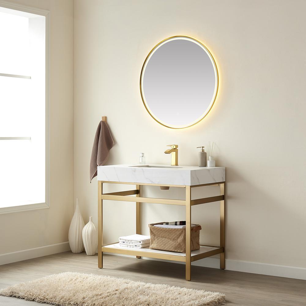 Single Sink Bath Vanity Metal Support with White Sintered Stone Top and Mirror
