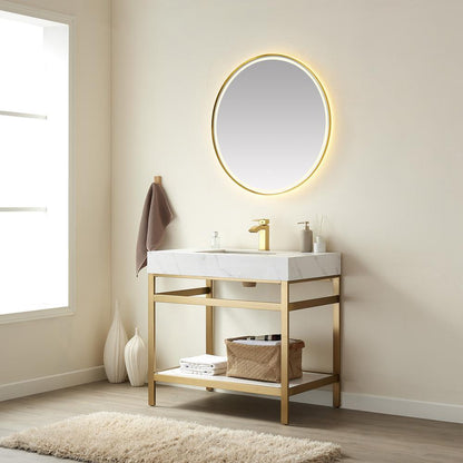 Single Sink Bath Vanity Metal Support with White Sintered Stone Top and Mirror