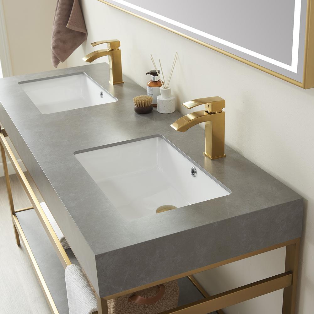 Double Sink Bath Vanity Metal Support with Grey Sintered Stone Top and Mirror