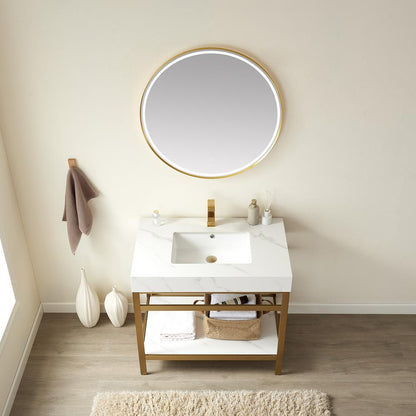 Single Sink Bath Vanity Metal Support with White Sintered Stone Top and Mirror