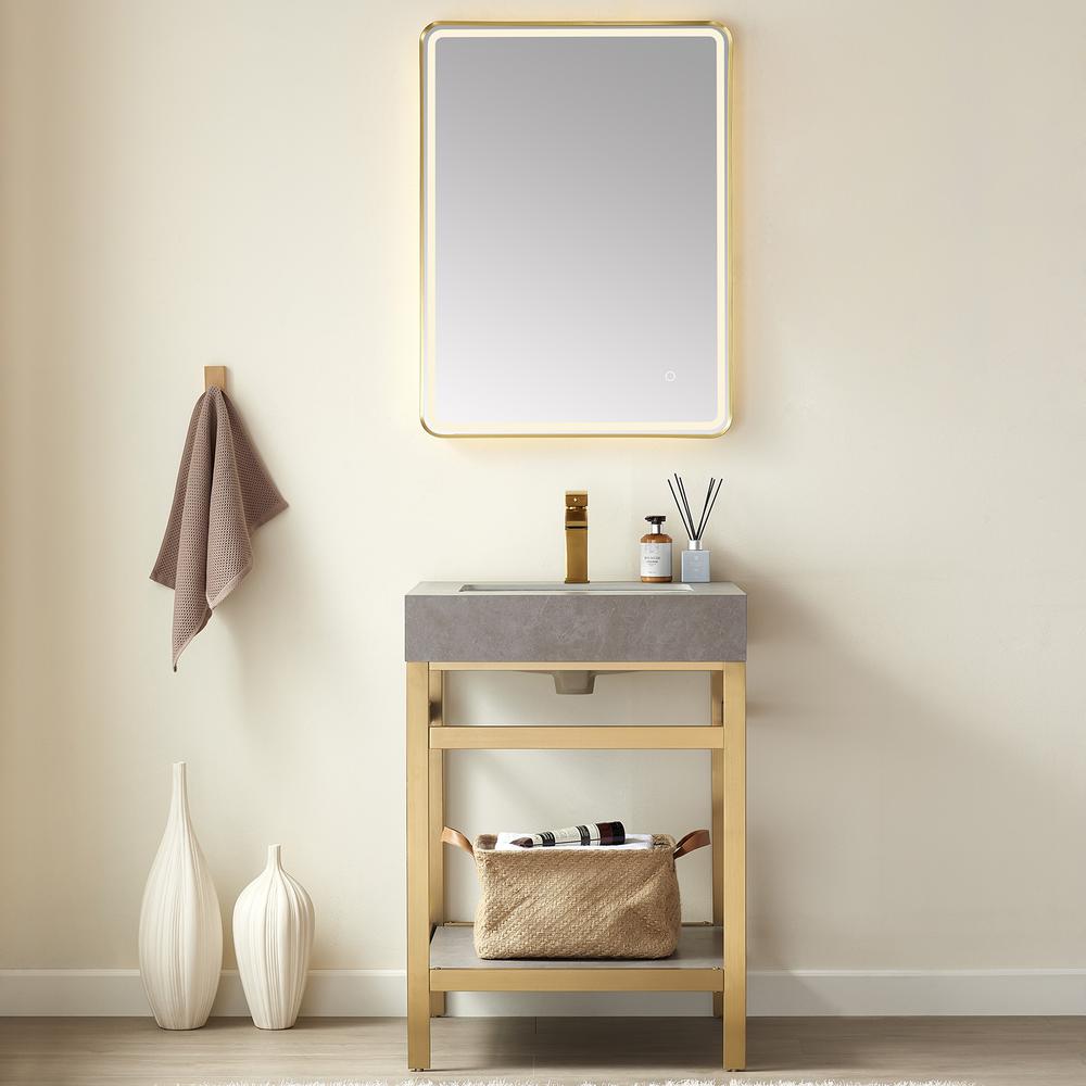 Single Sink Bath Vanity Metal Support with Grey Sintered Stone Top and Mirror