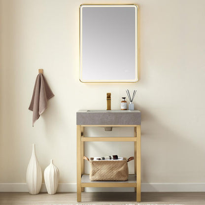 Single Sink Bath Vanity Metal Support with Grey Sintered Stone Top and Mirror