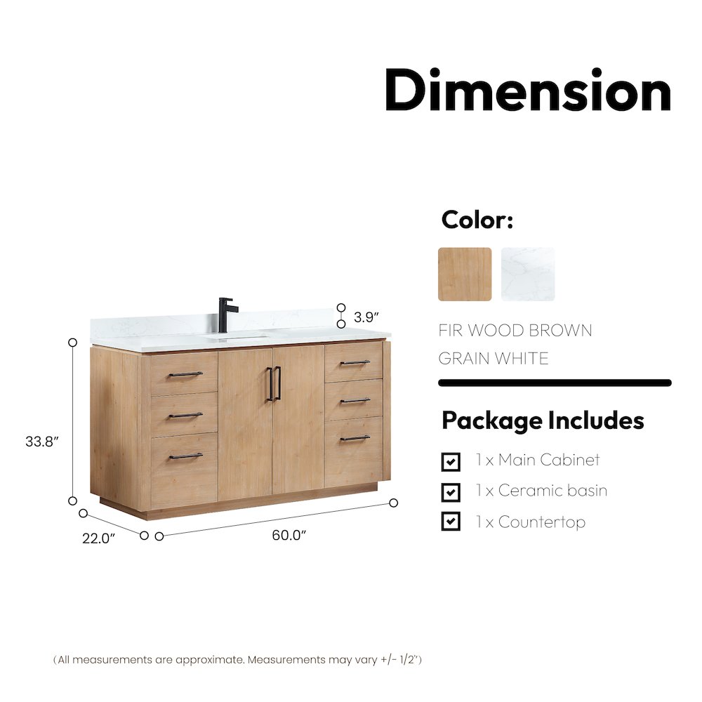 San 60" Free-standing Single Bath Vanity in Fir Wood Brown