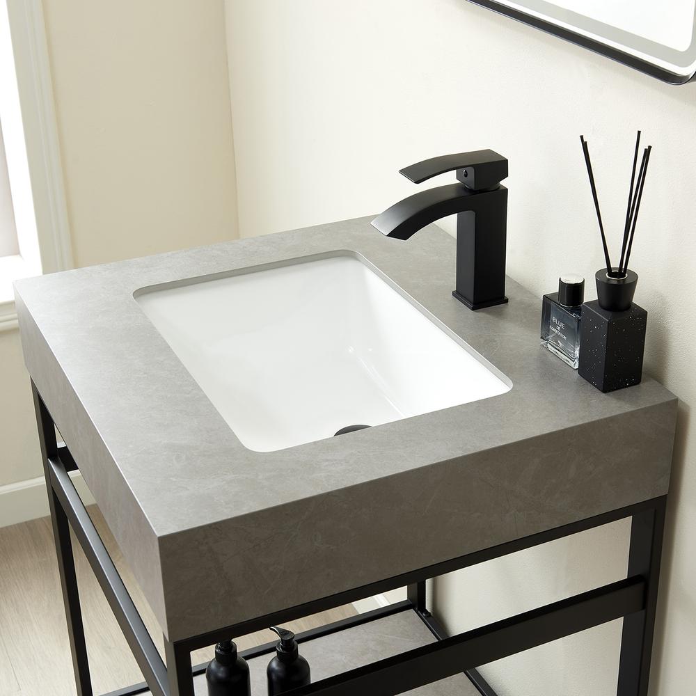 Single Sink Bath Vanity Metal Support with Grey Sintered Stone Top and Mirror