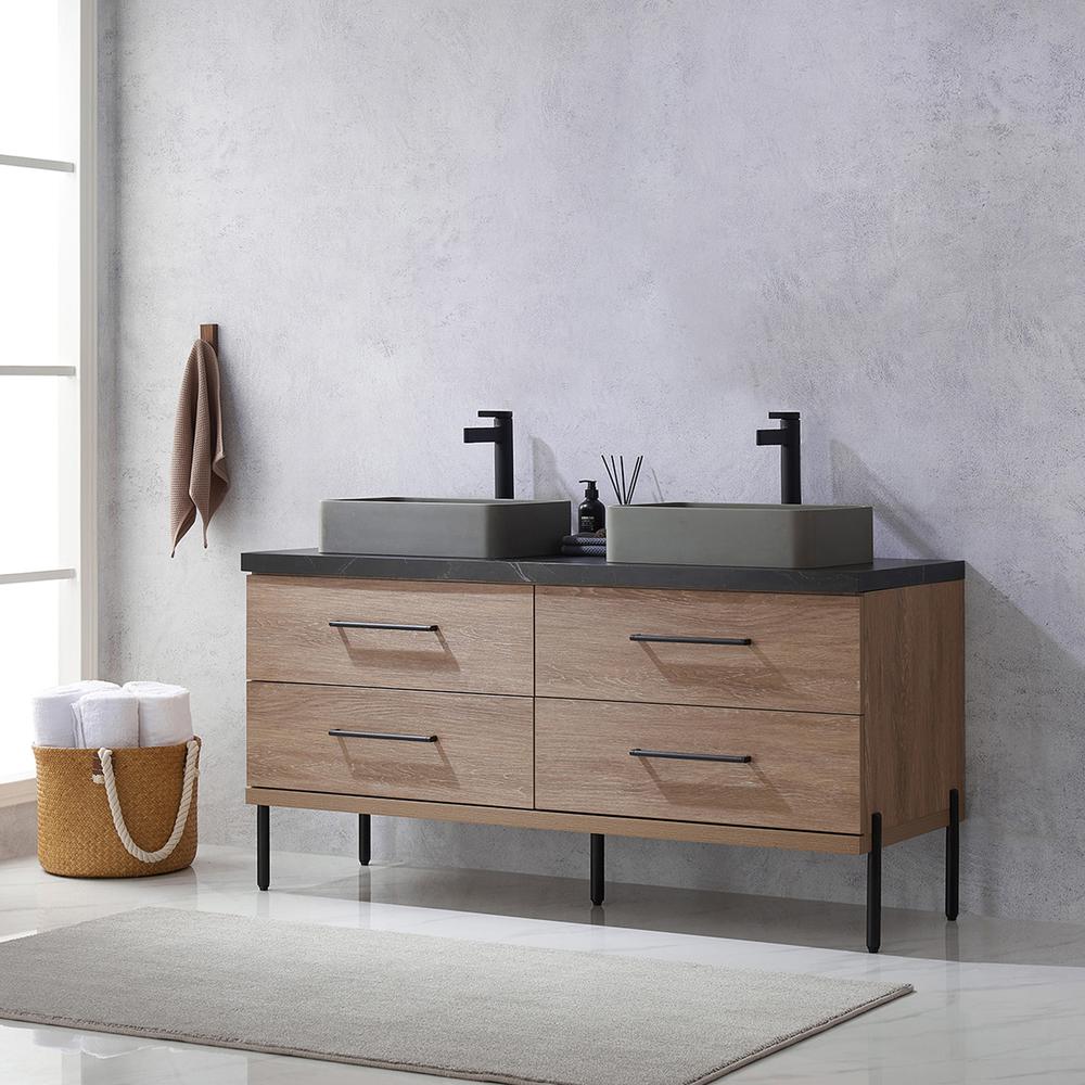 Double Sink Bath Vanity with Black Sintered Stone Top with Concrete Sink