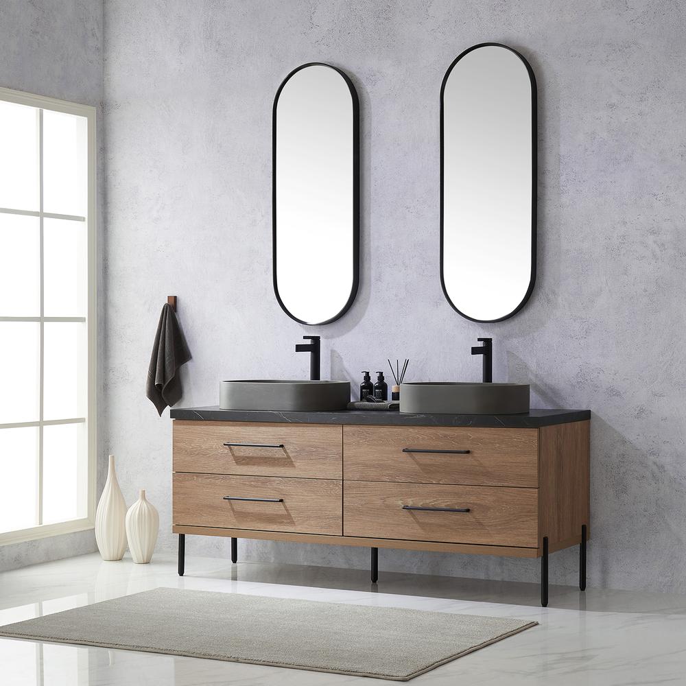 Double Sink Bath Vanity with Sintered Stone Top with Concrete Sink and Mirror
