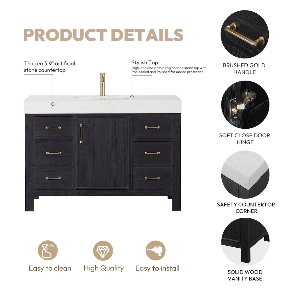 León 48in. Free-standing Single Bathroom Vanity in Fir Wood Black