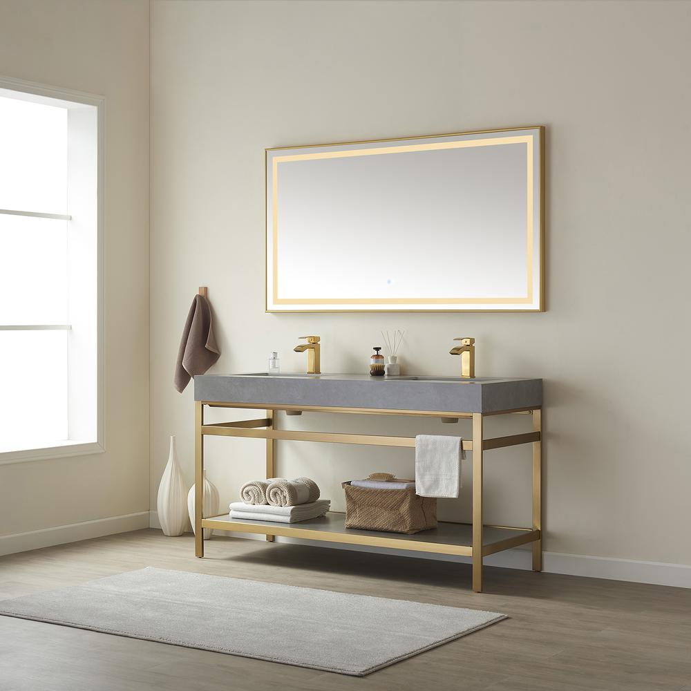Double Sink Bath Vanity Metal Support with Grey Sintered Stone Top and Mirror