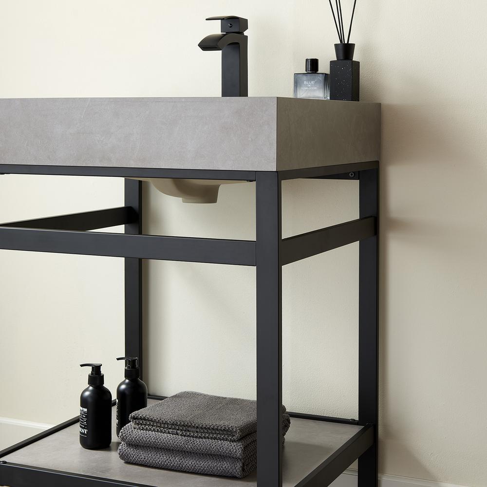 Single Sink Bath Vanity Metal Support with Grey Sintered Stone Top and Mirror