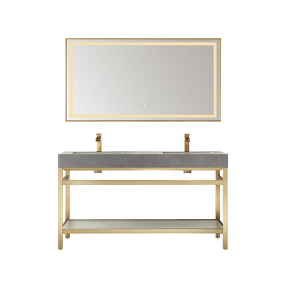 Double Sink Bath Vanity Metal Support with Grey Sintered Stone Top and Mirror