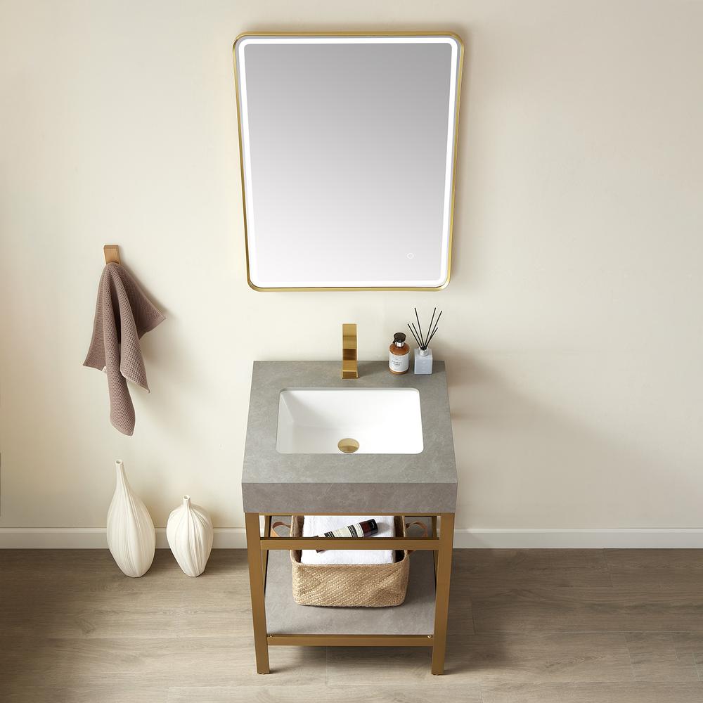 Single Sink Bath Vanity Metal Support with Grey Sintered Stone Top and Mirror