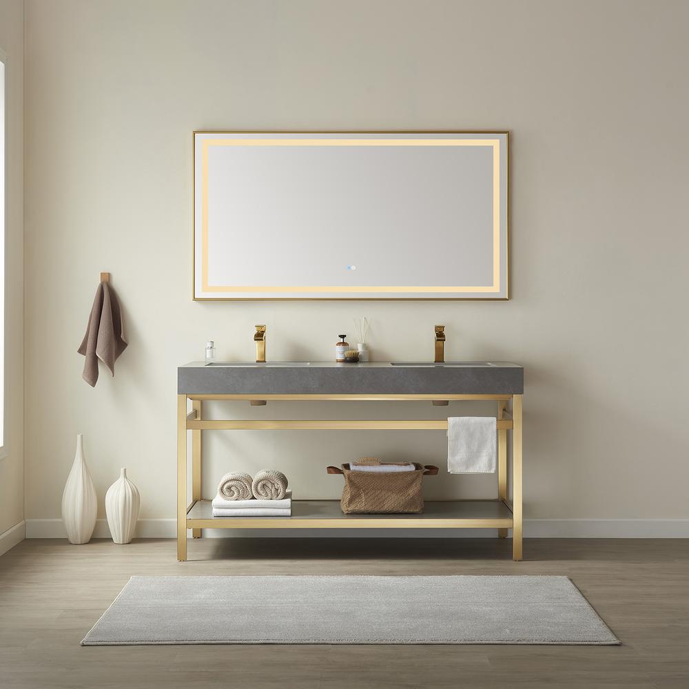 Double Sink Bath Vanity Metal Support with Grey Sintered Stone Top and Mirror