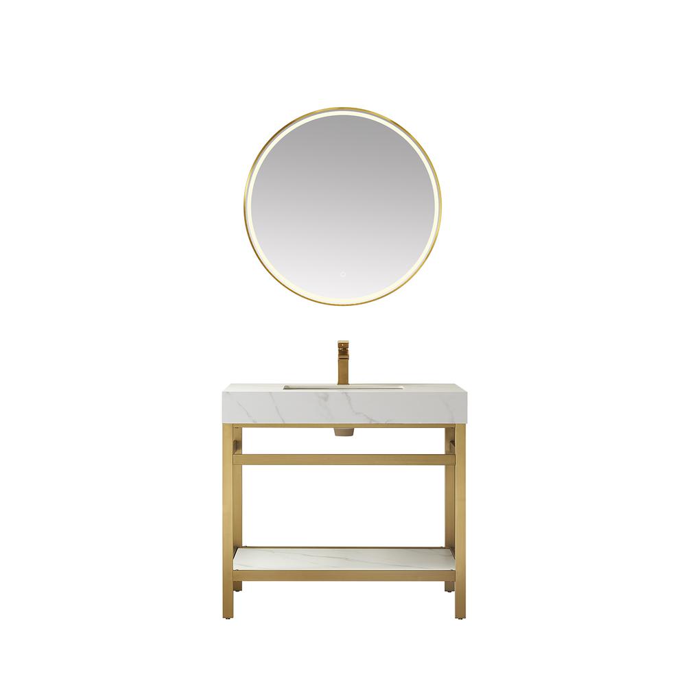 Single Sink Bath Vanity Metal Support with White Sintered Stone Top and Mirror