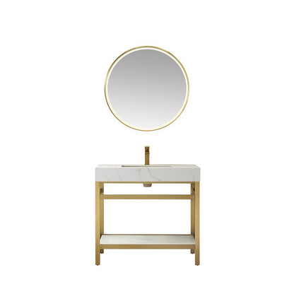 Single Sink Bath Vanity Metal Support with White Sintered Stone Top and Mirror