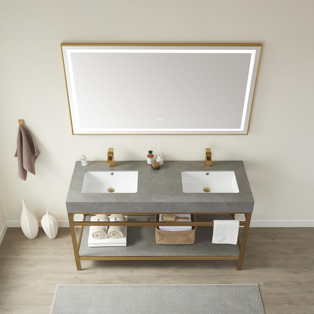 Double Sink Bath Vanity Metal Support with Grey Sintered Stone Top and Mirror
