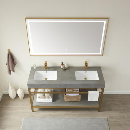 Double Sink Bath Vanity Metal Support with Grey Sintered Stone Top and Mirror